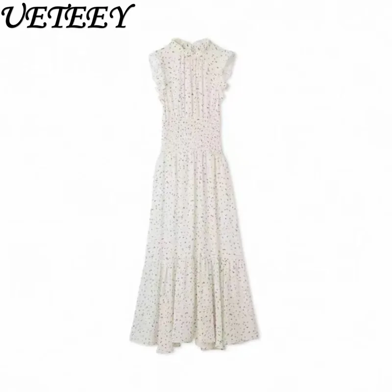 2025 여름 일본 스타일 슬림핏 러플 칼라 드레스 (작은 플러터 소매와 프린트된 하이웨이스트 슬림핏 롱 드레스)