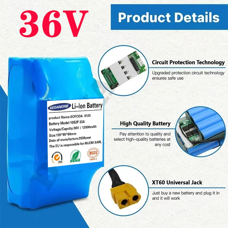 2027 Upgrade 36V 12Ah Li-ion Battery Pack Rechargeable Lithium Battery for Electric Unicycle Hoverboard Self Balancing Scooter