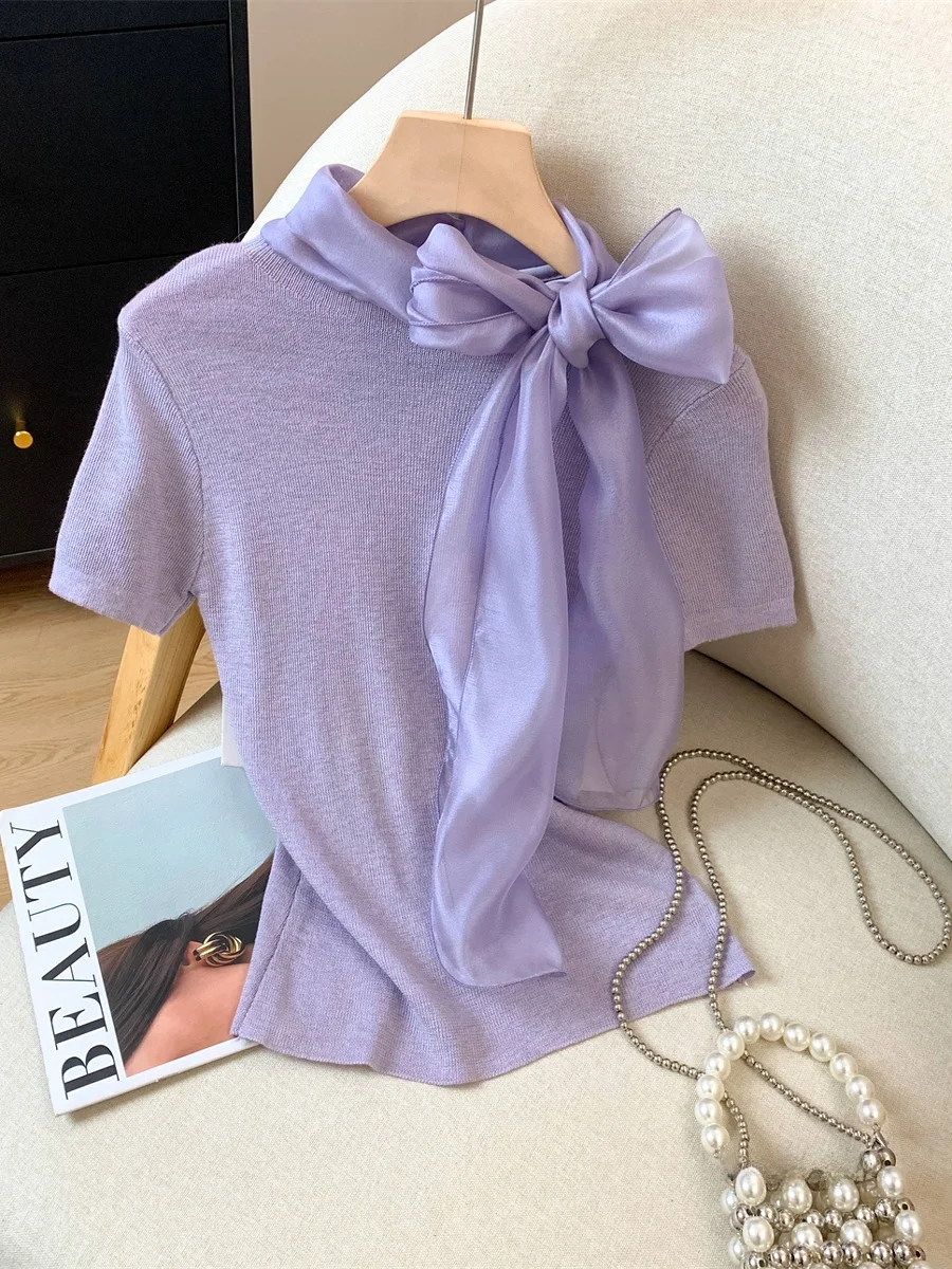 

Purple Knot ort Sve Knitted T-irt Women's Summer Slimming Charming Ice Silk ort Top Korean Sle Polyester...