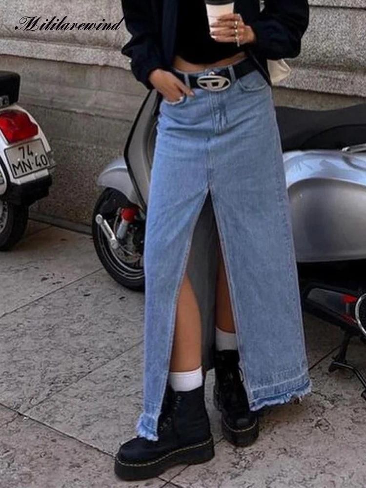 

Retro High Waist Denim Skirt Women Sexy Tassel Slit Wrap Hip Korean Fashion Long Skirts For Women Y2k Streetwear Jean Skirt