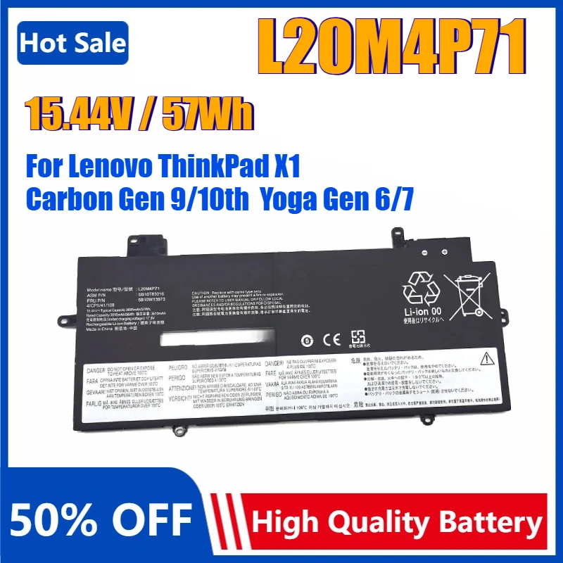 

L20M4P71 Laptop Battery for Lenovo ThinkPad X1 Carbon Gen 9/10th 2021 Yoga G6 6/7 20XX 20XW 5B10W1397 L20C4P71 L20D4P71 L20L4P71