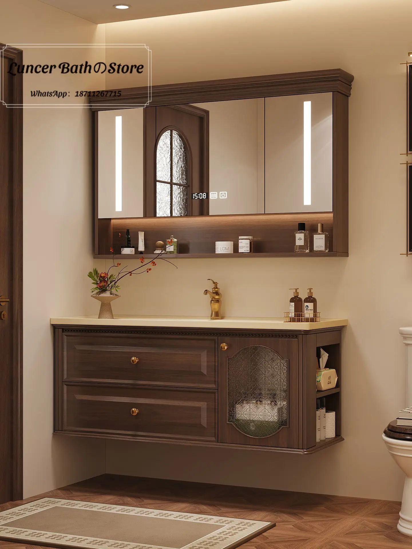 French Oak Bathroom Vanity Set, Ceramic Integrated Basin, Vintage Style Wall Mounted Hand Wash Sink Cabinet for Home