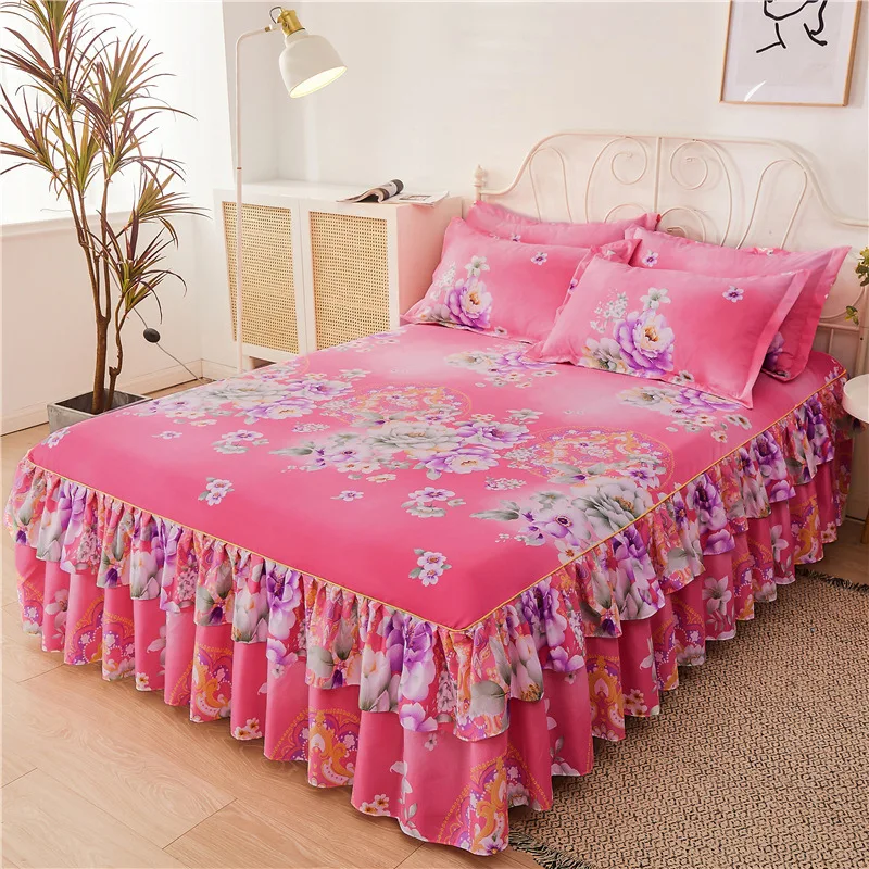 

3Pcs Bed Sheet Lace Skirt Non-slip Mattress Cover Elastic Fitted Double Bedspread With Pillowcases Bedding Set Elastic King Size