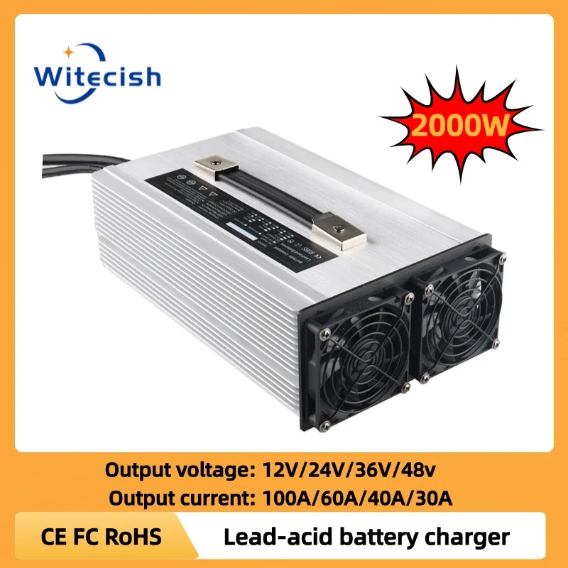 Lead-acid Charger 12V 24V 36V 48V Battery charger 100A 60A 40A 30A Golf Cart Forklift RV Electric boat 2000W Smart Fast Charger