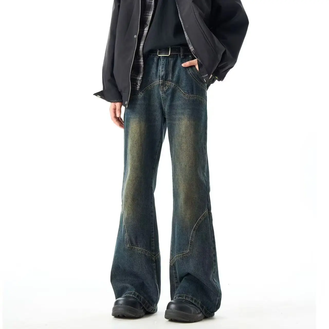 American Retro Washed Denim Jeans Men's Autumn Winter Loose Straight Casual Long Trousers Micro Flared Jeans Youth Trend