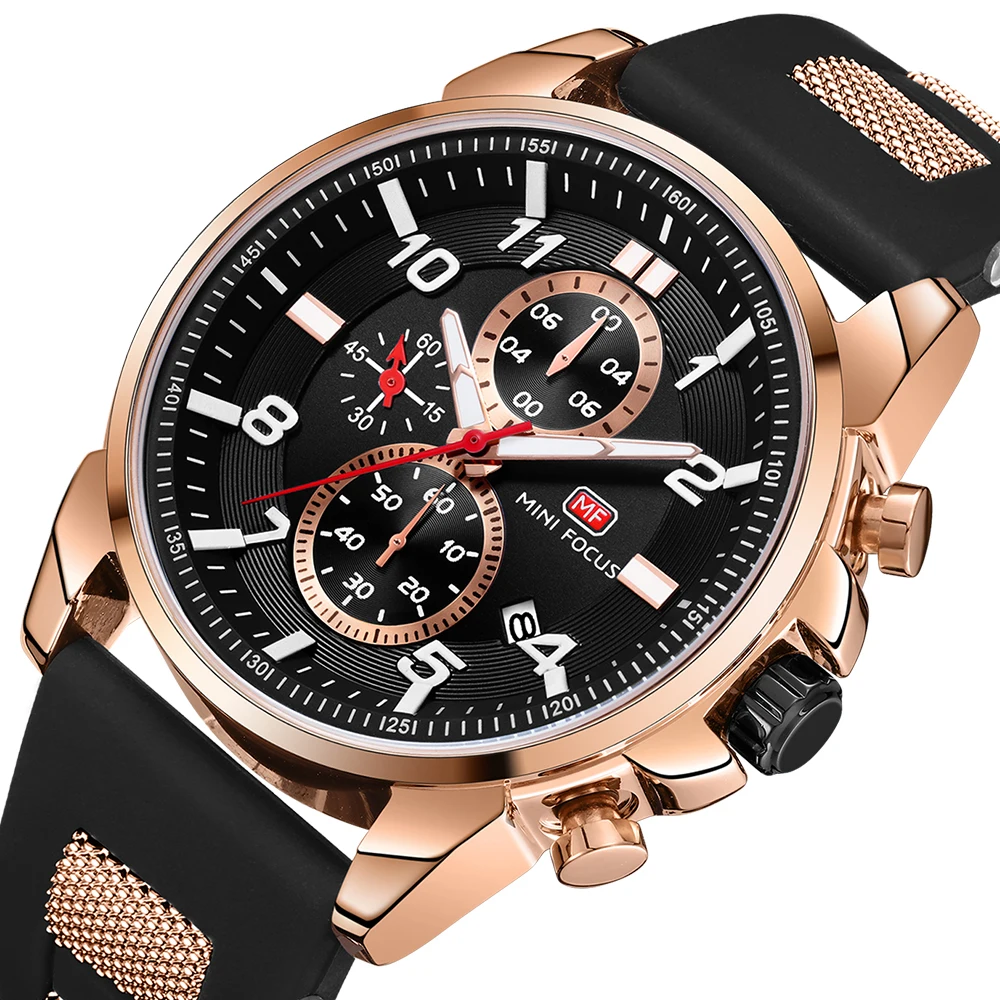 عالية الجودة التركيز الصغير MF0268G الرجال موضة ساعة رياضية سيليكون حزام مقاوم للماء كرونوغراف ساعات كوارتز للرجل