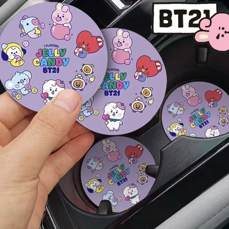 

Новая подставка для автомобиля Bt21 с милым мультяшным рисунком, модная, персонализированная, декоративная, с отсеком для хранения, из кожи, нескользящая, моющаяся, в подарок