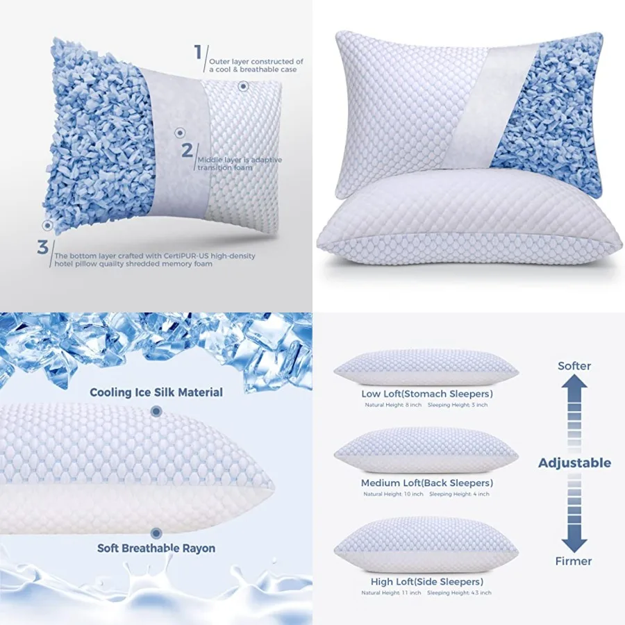 

Cooling Adjustable Shredded Memory Foam Pillows Queen Size Set of 2 - Temperature-Regulating for All Sleepers with Dual Airflow