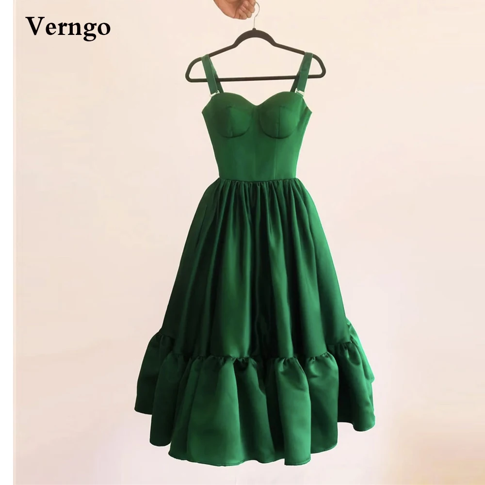 

Verngo Simple Green Satin Prom Dresses Sweetheart Straps A Line Tea Length Simple Formal Party Dress Homecoming Gown