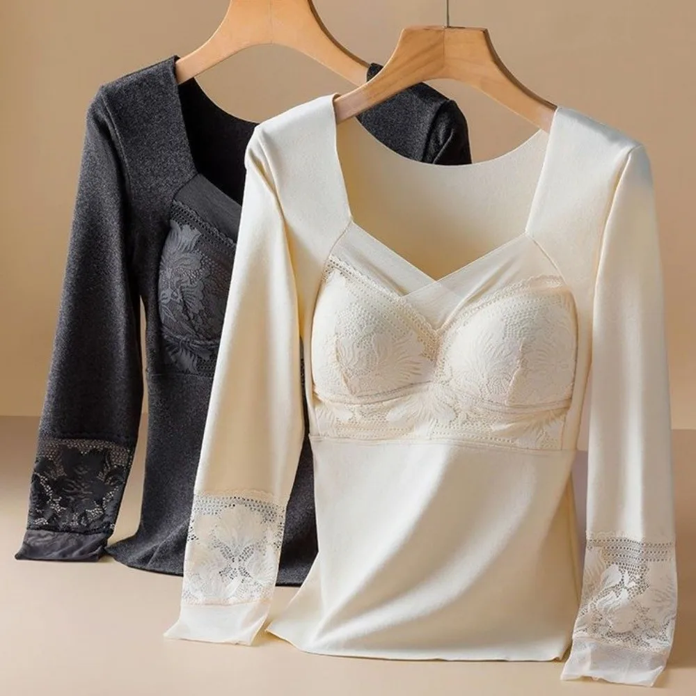 

Lace Women Thermal Clothes Mesh V Neck Invisible Thermal Underwear Autumn Clothes Feel Heating Warmth Long Warm Top Lady