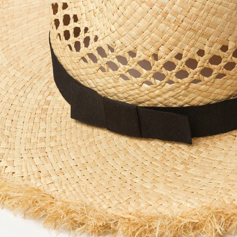 X303 New Hollowed-out Straw Hat Braided Fringed Bow Lafite Jazz Cap Outdoor Travel Sun Protection Straw Hat Lady Panama Caps