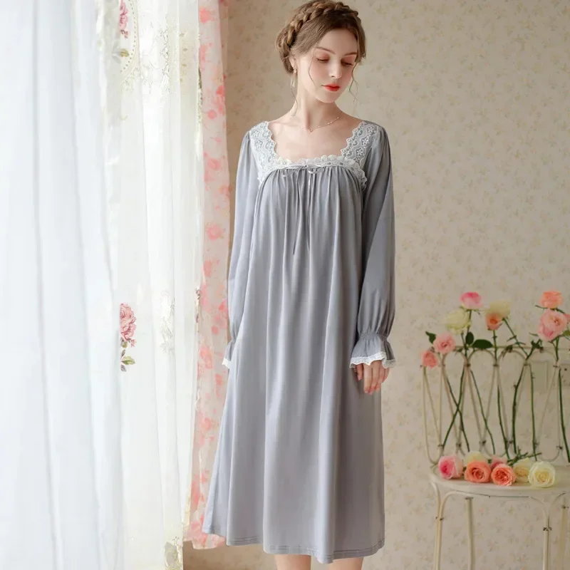 Autumn Long Sleeve Vintage Lace Square Collar Peignoir Women French Style Cotton Night Dress Loose Sleepwear Victorian Nightgown