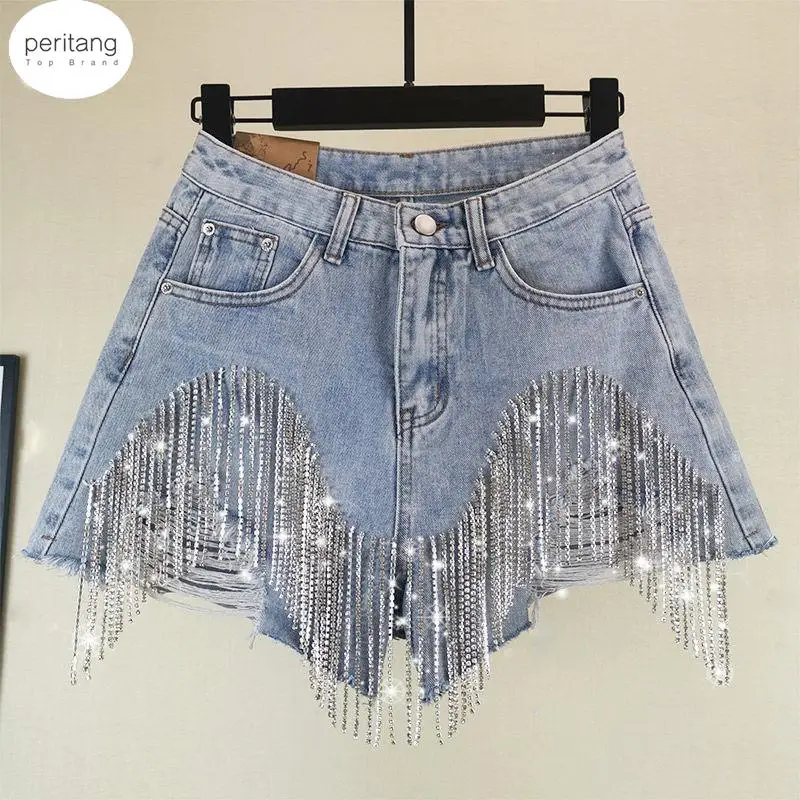 

Summer European Style High Quality Diamond Tassels Denim Shorts Woman Fashion High Waist Jeans Shorts