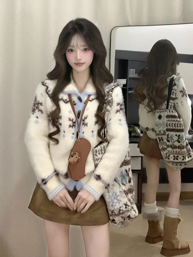 لينة مريحة ندفة الثلج اللون بلو محبوك سترة مفتوحة المرأة تصميم الخريف الشتاء سترة Jaet فضفاضة تناسب مريحة Sle