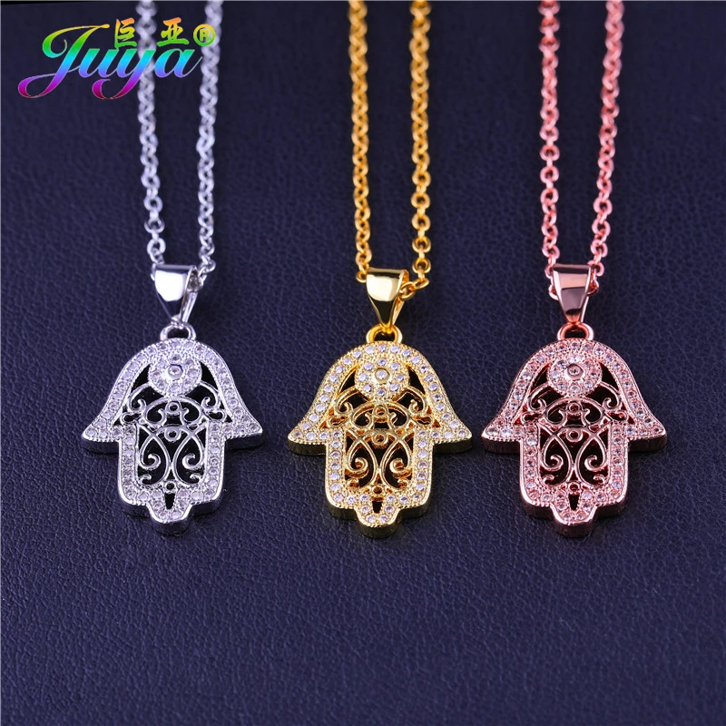 Juya 18K Gold Plated Cubic Zircon Creative Evil Eye Hamsa Hand Of Fatima Pendant Necklace For Women Men Gift Jewelry Supplies