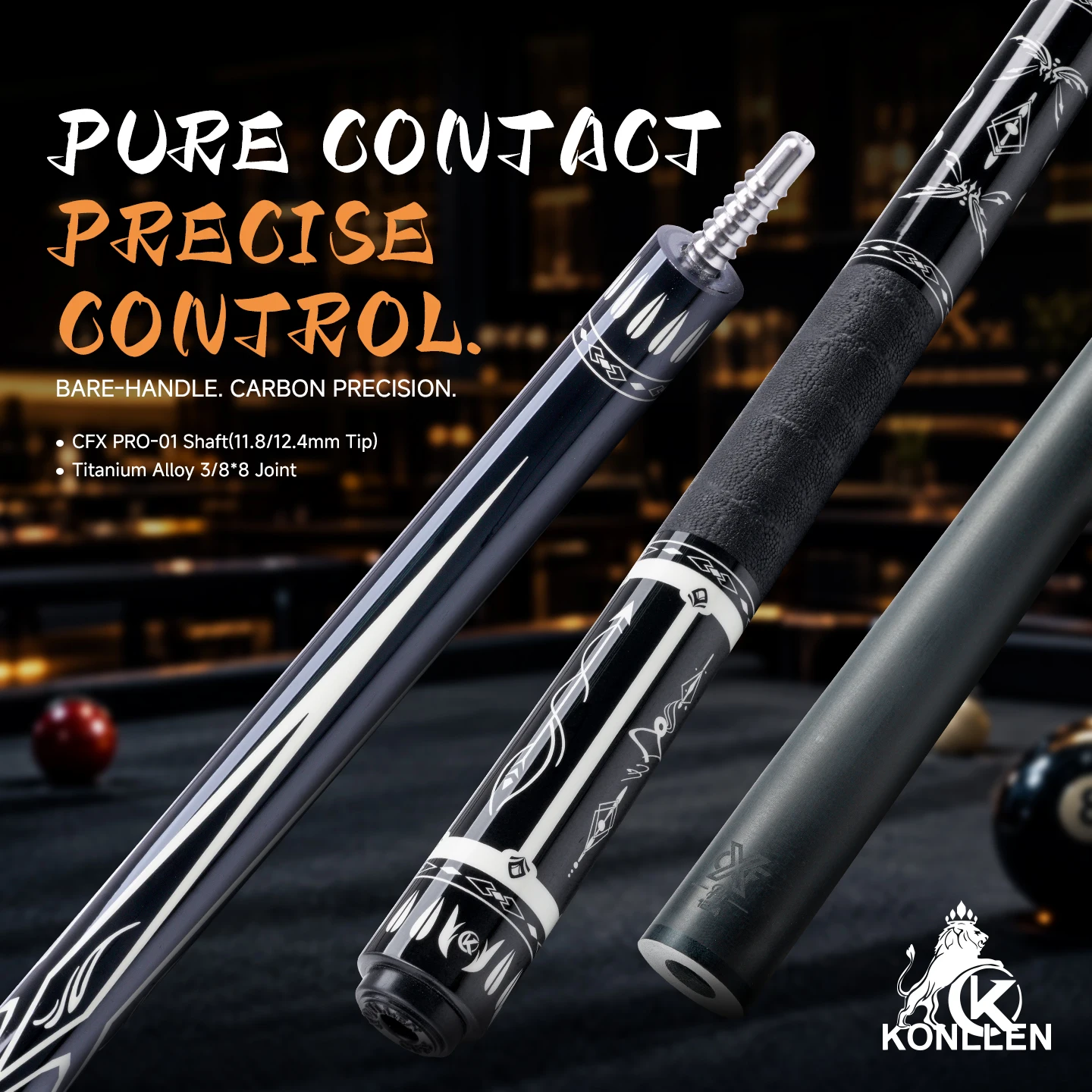 Pool Cue Stick 15K Carbon Fiber CFX Shaft Low Deflection 4-Piece Maple Core 11.8-12.4mm Tip Titanium 3/8x8 Joint KONLLEN