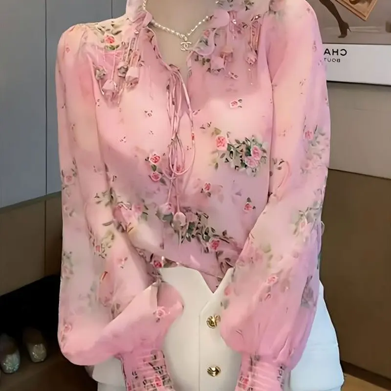 

Korean Broken Flowers Printed Blouse Fashion Tassel Three-dimensional Decoration Female Clothing V-Neck Spring Drawstring Shirt
