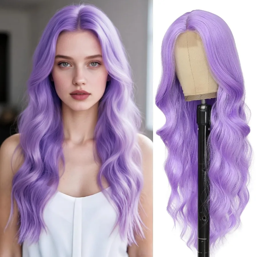 Longo roxo ondulado peruca para mulher 26 Polegada luz roxo parte média encaracolado peruca de cabelo sintético aparência natural fibra resistente ao calor para