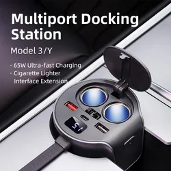 For Tesla Model 3 Y 2021-2023 65W Car Charger Splitter Adapter USB C 65W Cup Holder Cigarette Lighter Splitter Phone Charger
