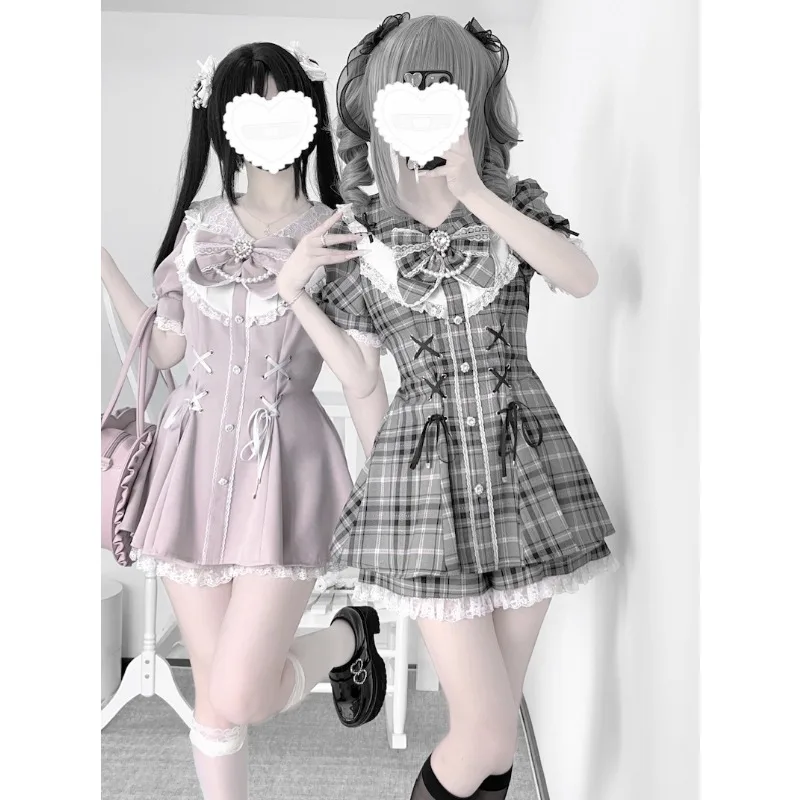 Платье Jirai Kei Bow для женщин в стиле Sweet Kawaii, черно-розовое, в стиле Лолита Y2K, с кружевной юбкой и короткими рукавами, японская школьная форма