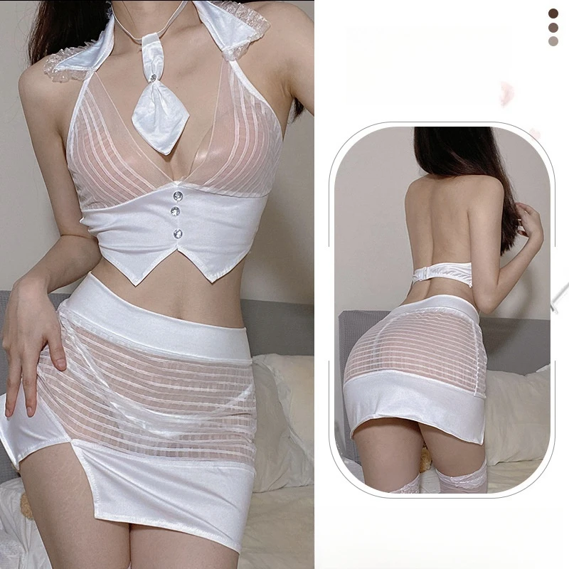 Erotic Lingerie See-Through OL Sexy Secretary Uniform Temptation Suit Hip Skirt Tie Top Lace Uniform Role Play