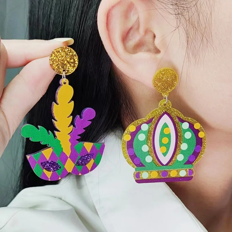 New Carnival Earrings Vintage Earstuds Earrings Crown Mask Contrast Acrylic Shining Earrings Decorative Gift