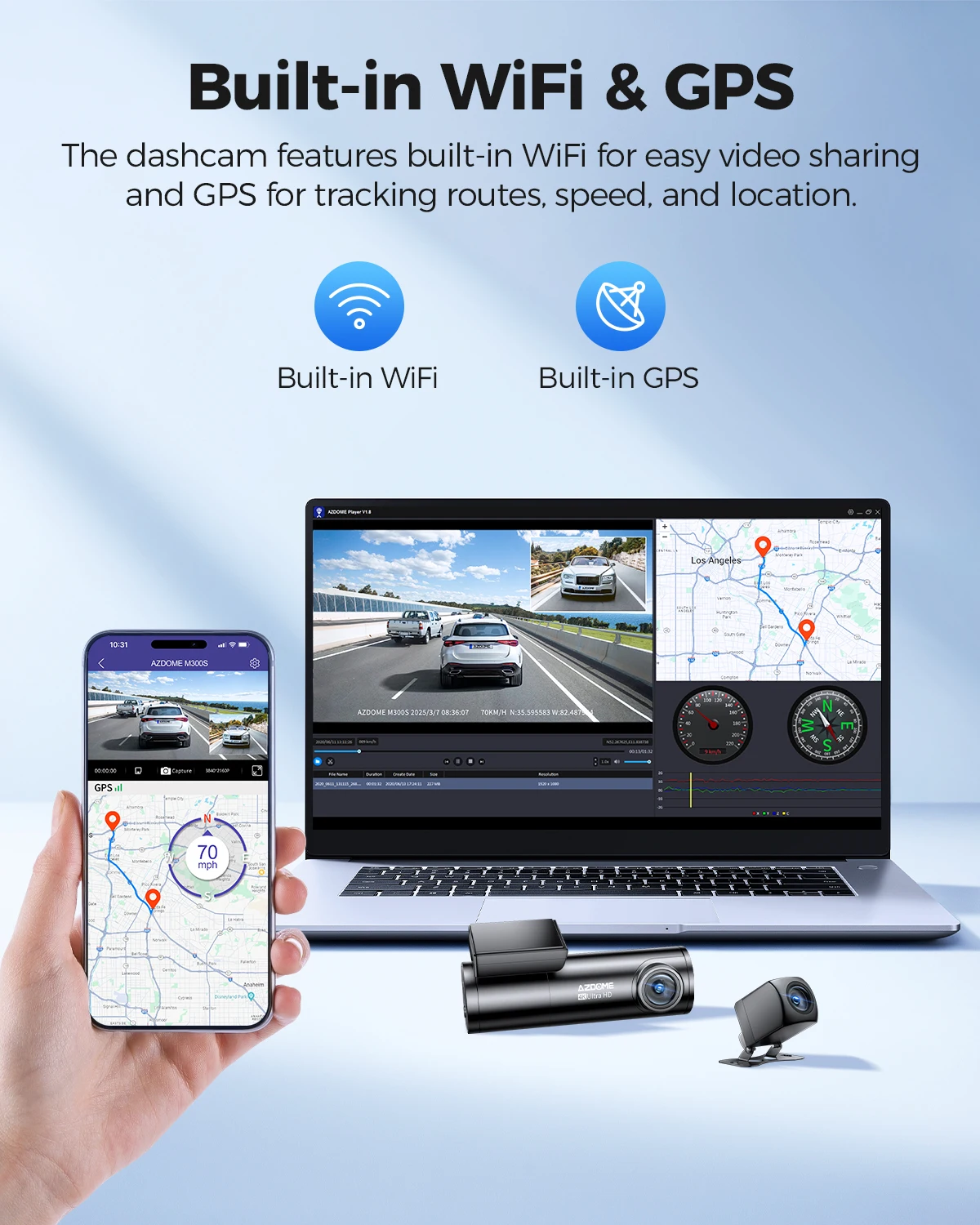 AZDOME M300S 4K Dash Cam Front and Rear, Built-in ADAS WiFi GPS Dash Camera for Cars, Free 64GB Card, Voice Control, Night Visio