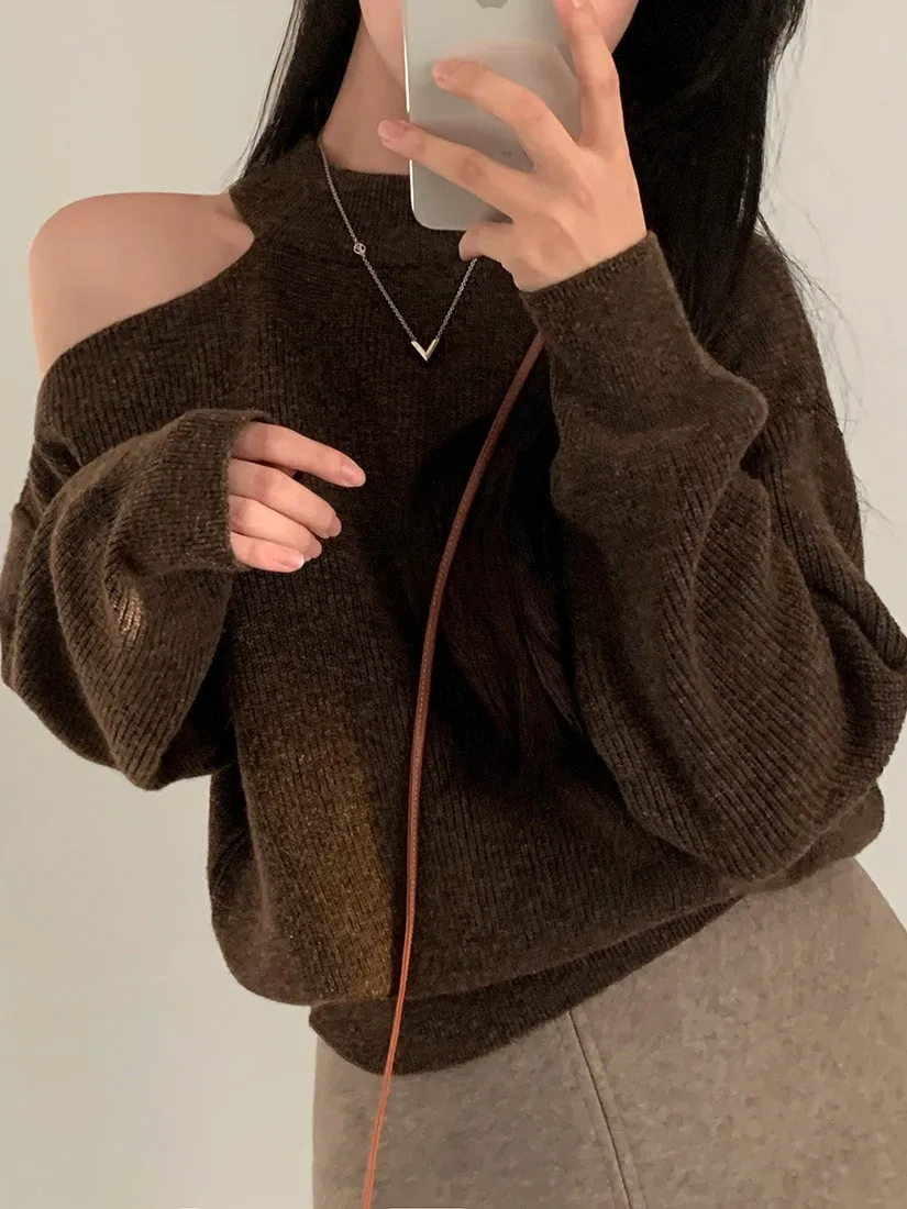 Chic Autunno Inverno Sexy Scava fuori oulder Morbido Allentato Lungo Sve Maglione lavorato a maglia da donna Comodo Casual Ne Appeso De...