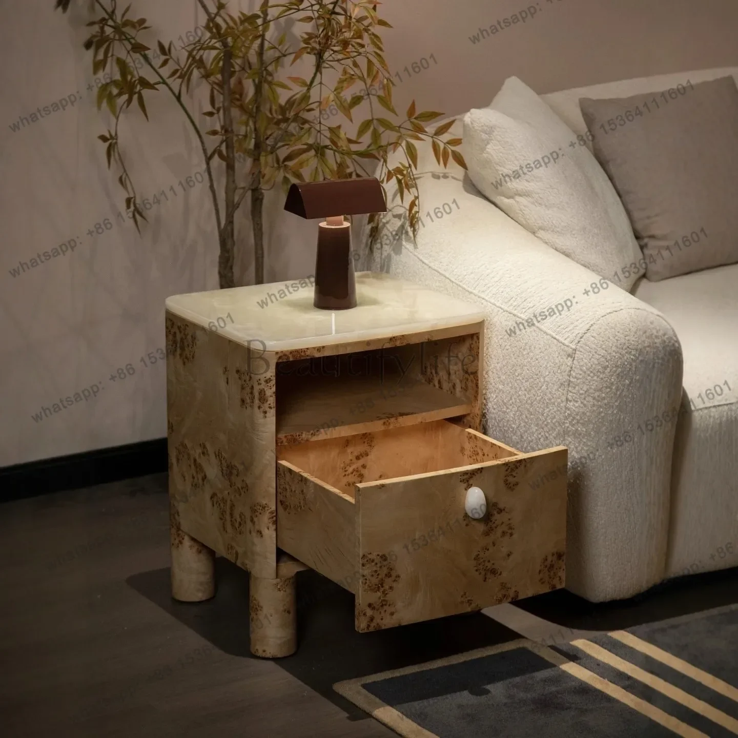 FGMedieval solid wood tree tumor bark bedside table French retro jade countertop storage cabinet