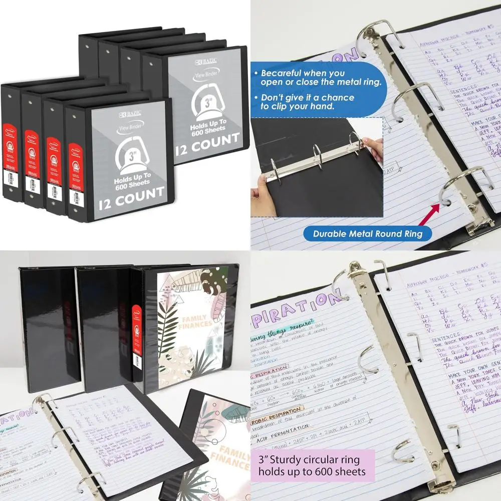 

3 Slant D-Ring View Binder, Holds 600 Sheets, Black, 12-Pack for School and Office Use