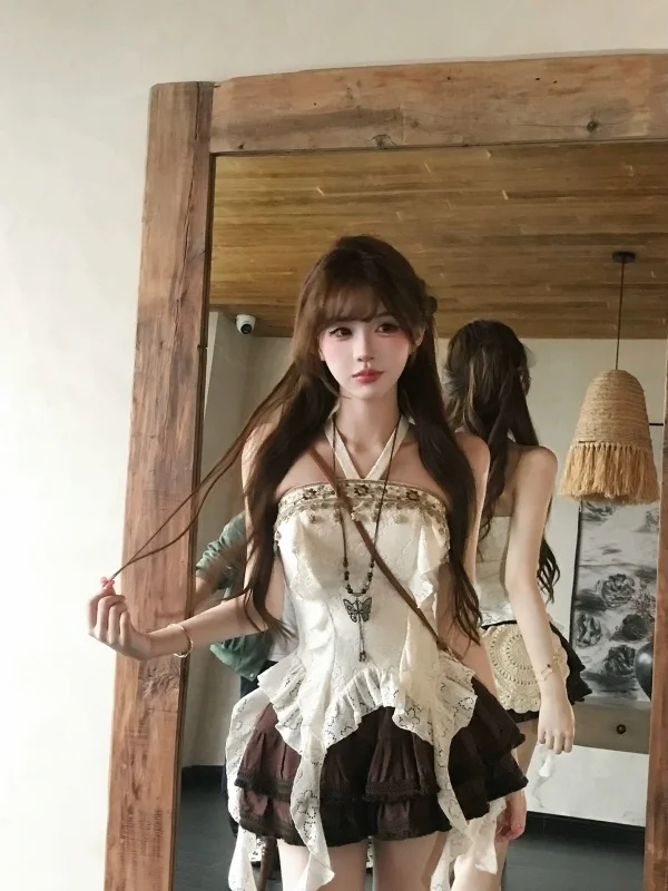 

Bohemian Style Irregular High Waist Skirt And Top Set Women's Fashion Ensemble Neck Hanging Sash Vintage Pure Desirable Hot G...