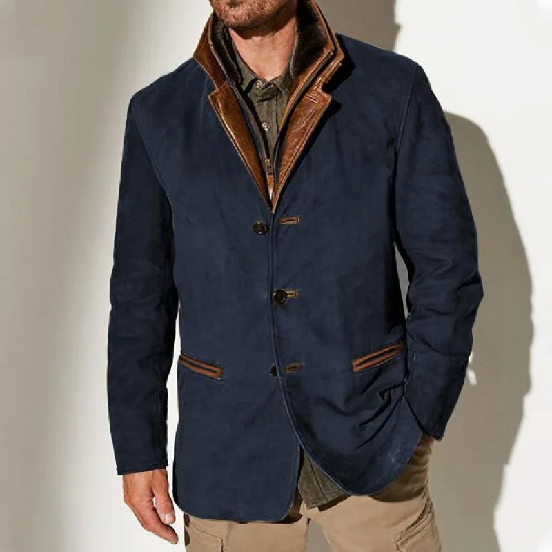 Man Plush Jacket Winter New Vintage Contrast Color Turn Down Collar Male Cargo Coat Thicken Fleece Long Sleeve Men Outerwear