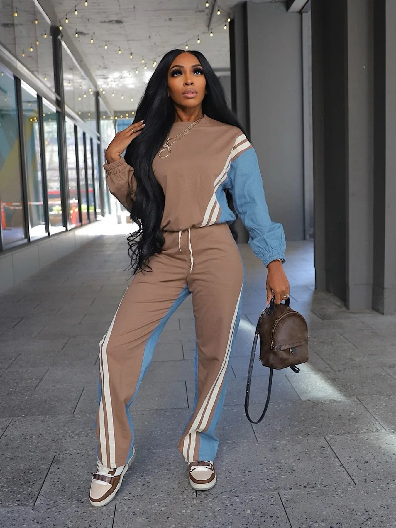 Patchwork Sporty Women's Set Striped Long Sleeve Sweatshirt and Jogger Sweatpants 2025 Fitness Two 2 Piece Set Outfits