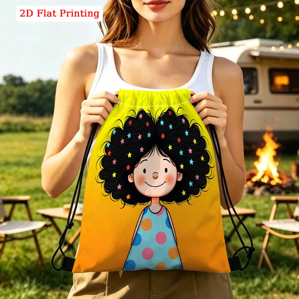 Cute Cartoon Style, Drawstring Backpack, 2D Flat Printing Girl With Starry Hair Pattern, Fitness Sports Bag, Outdoor Travel Draw