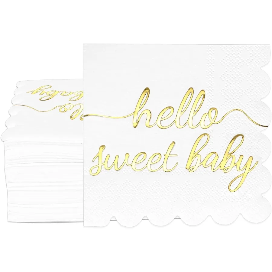 

100 Pcs Hello Sweet Baby Scalloped Baby Shower pkins Decorations Paper White and Gold Foil pkins Disposable Luheon Cocktail pki