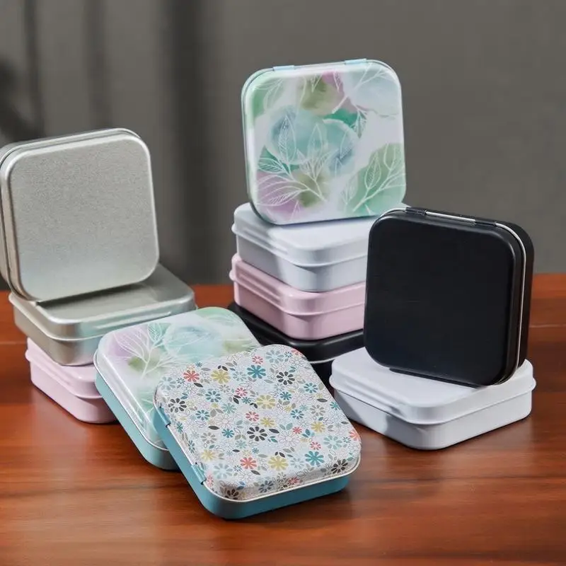 2Pcs Square Colored Flip Top Tin Box Portable Jewelry Candy Medicine Storage Box Hand Sticker Case Earphones Organizer