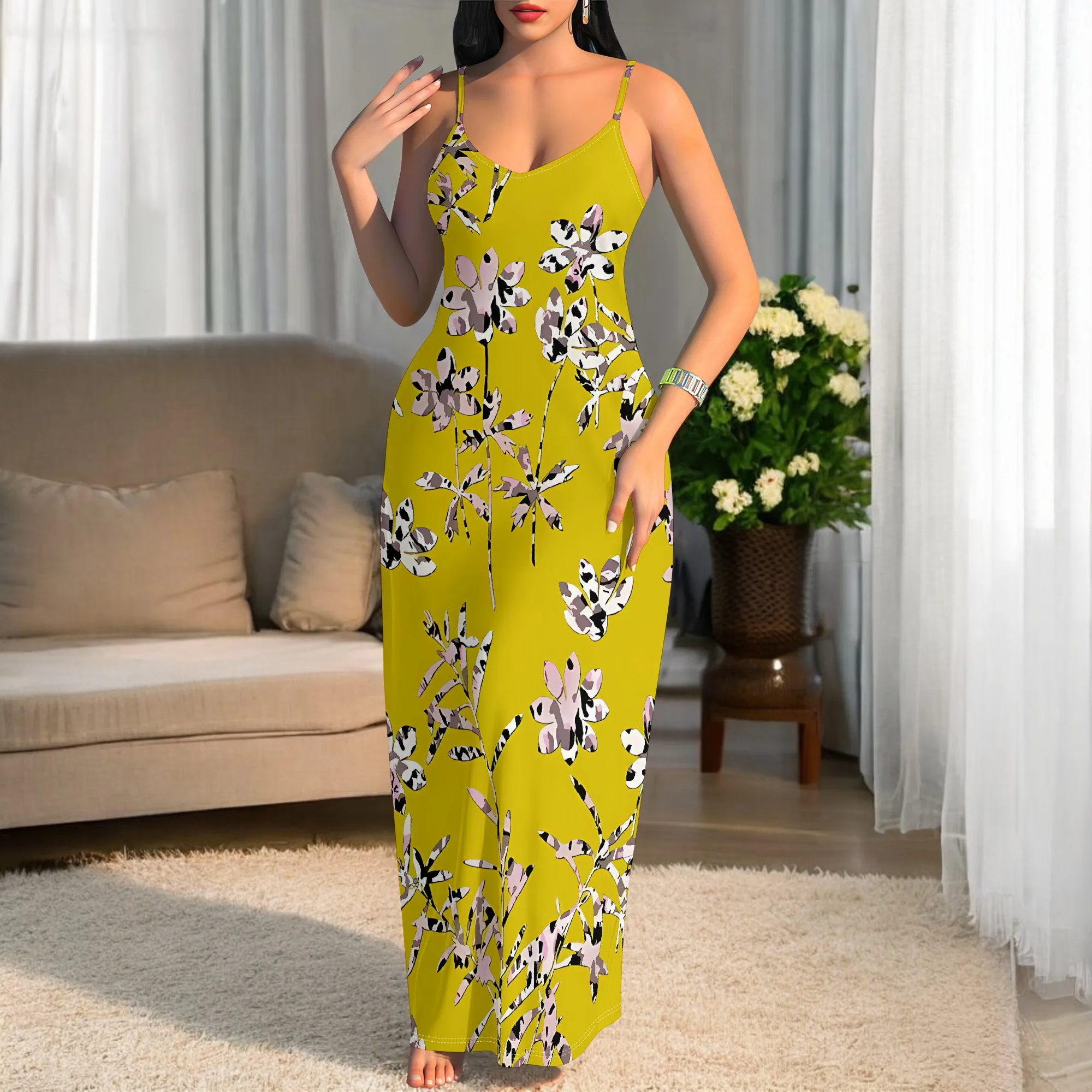 

Plus Size Summer Maxi Dress Yellow Daisy Floral Print Sleeveless Holiday Beach Casual Long Dress