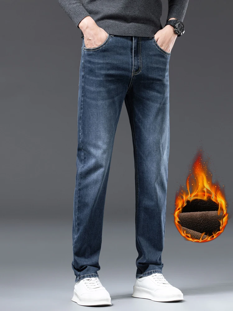 سميكة الصوف الجينز الرجال الشتاء مستقيم موضة عادية المخملية بنطلون مريح سليم العلامة التجارية الدافئة أفخم سراويل جينز #6