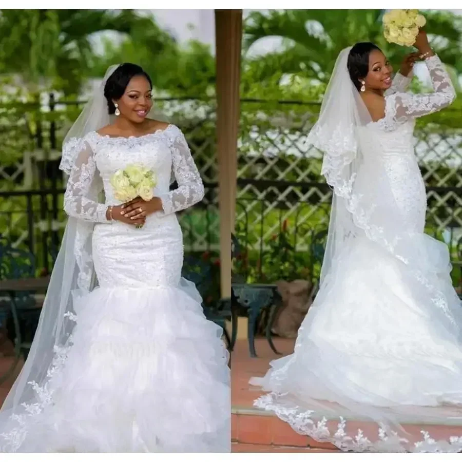Customized African Mermaid Lace Wedding Dresses Beads Sequins Boat Neck Illusion Long Sleeves Cheap Plus Size Bridal Gowns Vesti