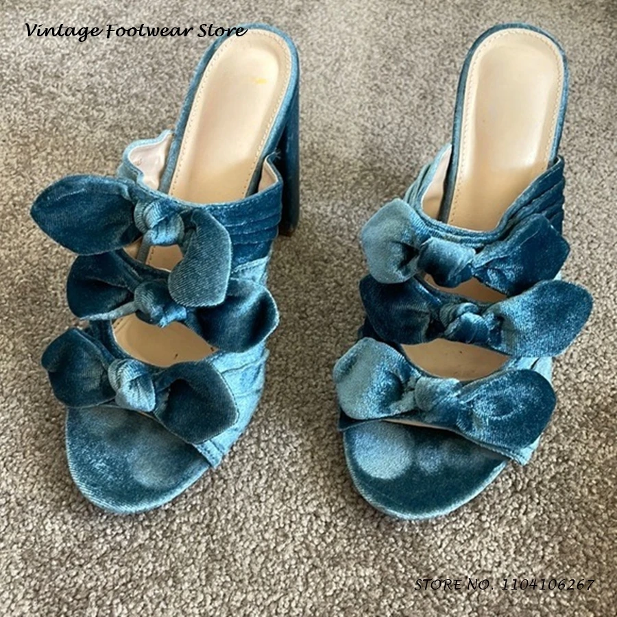 

Triple Bowknot Velvet Mules Elegant Round Open Toe Chunky Heel Plus Size Shoes Spring Summer Pull On Fashion Casual Slippers