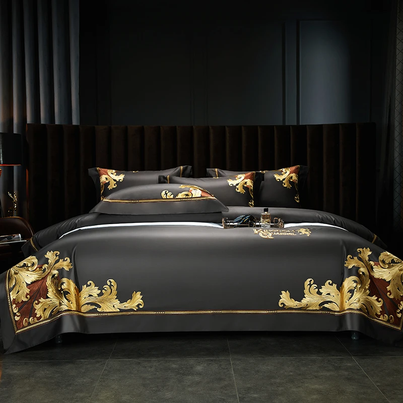 

Grey European Luxury Gold Embroidery Bedding Set 1400TC Egyptian Cotton Duvet cover Set Bed Sheet Fitted Sheet Pillowcases 4Pcs