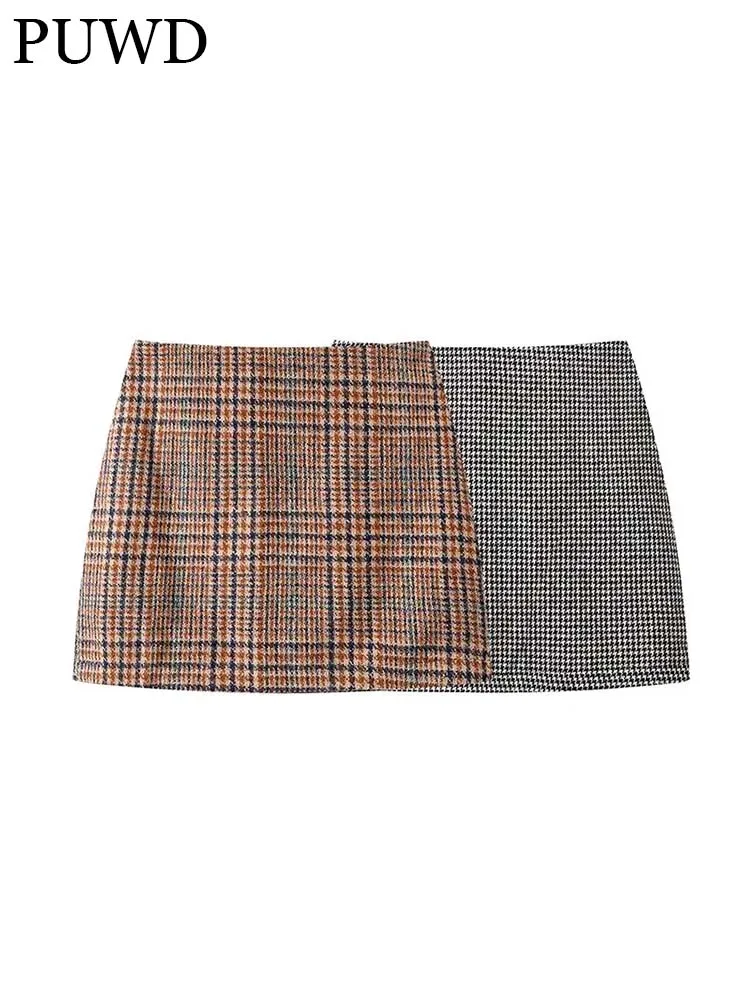 PUWD Y2K Girls Slim Mini Plaid Skirts 2022 Summer Fashion Ladies High Waist Woolen Skirt Vintage Women Chic Cute Skirts