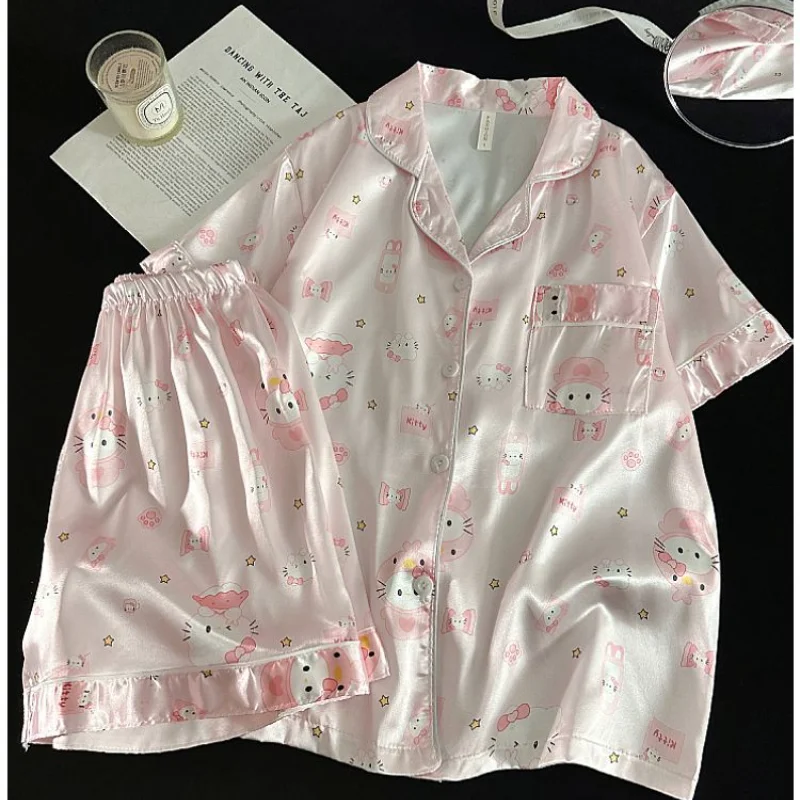 

Sanrio Hello Kitty Ice Silk Pajamas Set Summer Negligee Shorts Short Sleeve Sleepwear Kawaii Cartoon Nightwear Home Clothing New