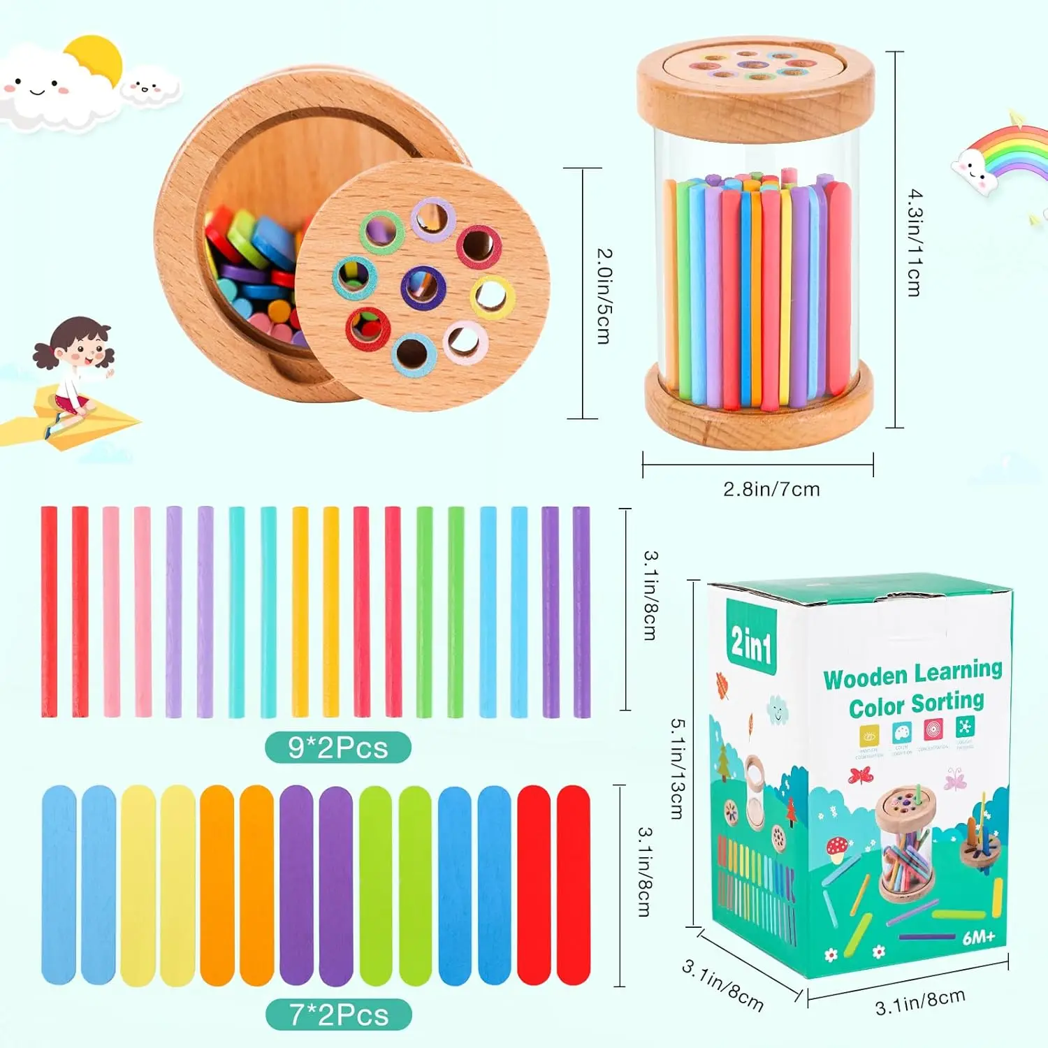 Montessori Toys Wooden Color Sorting Toys Fine Motor Skills Sensory Matching Games Educational Kid Toys For 1-3 Year Old 3+ Gift