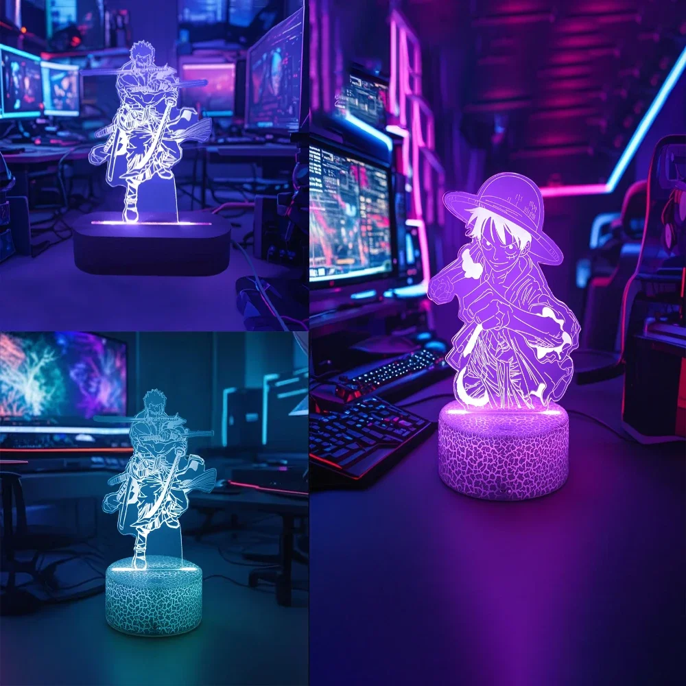 

3D-лампа, аниме-фигурка Луффи Зоро, три меча, стиль, зеленое свечение, искусство с деревянным основанием, лампа, аниме, офисный декор для любителей мечей
