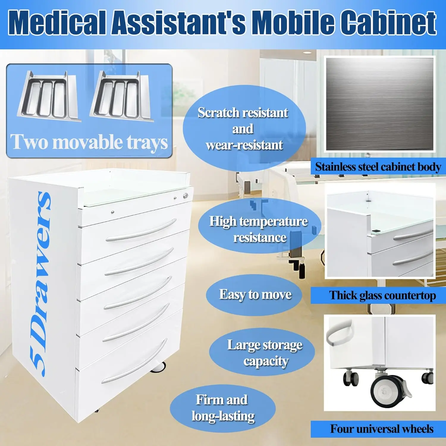 5 Drawers Storage Cabinet Utility Assistant'S Mobile Cabinet Stainless Steel Moving Side Cabinet Storage Trolley Cart With Two