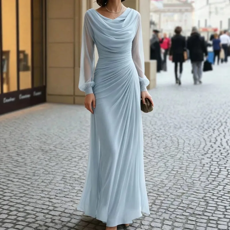 2026 Draped Slim Long Sleeve Evening Dress Women Elegant Party Formal Gown New