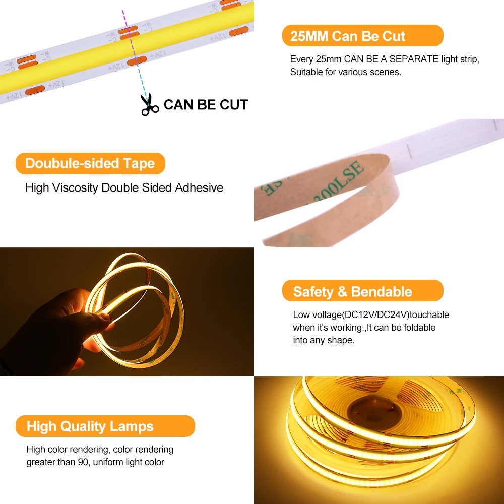 CCT COB LED 스트립, DC 12V, 24V, 608LEDs/M, IP21, IP67 고밀도 웜 화이트, 콜드 화이트, 유연한 리본 테이프 라이트 램프 스트립