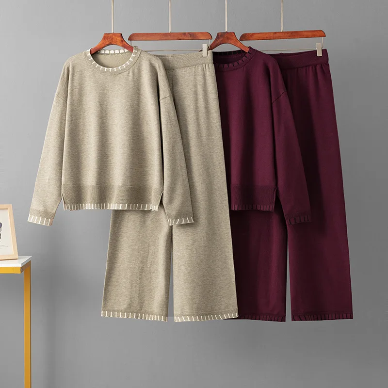 

New Fashion Striped Elegant Knitted Two-piece for Women Turtleneck Sweater Loose Casual Pants Suit Long-sleeved Women's Clothing