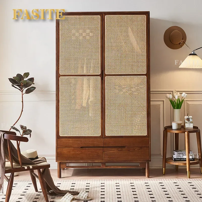 For Nordic Rattan Wardrobe Double Door Solid Wood Storage Locker Hotel Bedroom Home Designer Furniture